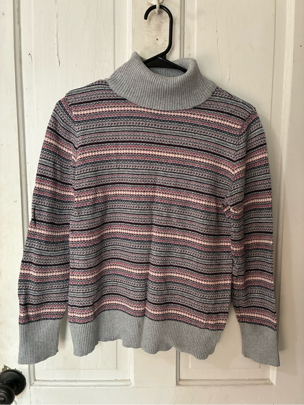 L.L. Bean Gray Turtleneck Sweater with Pink & Navy Fair Isle Stripes